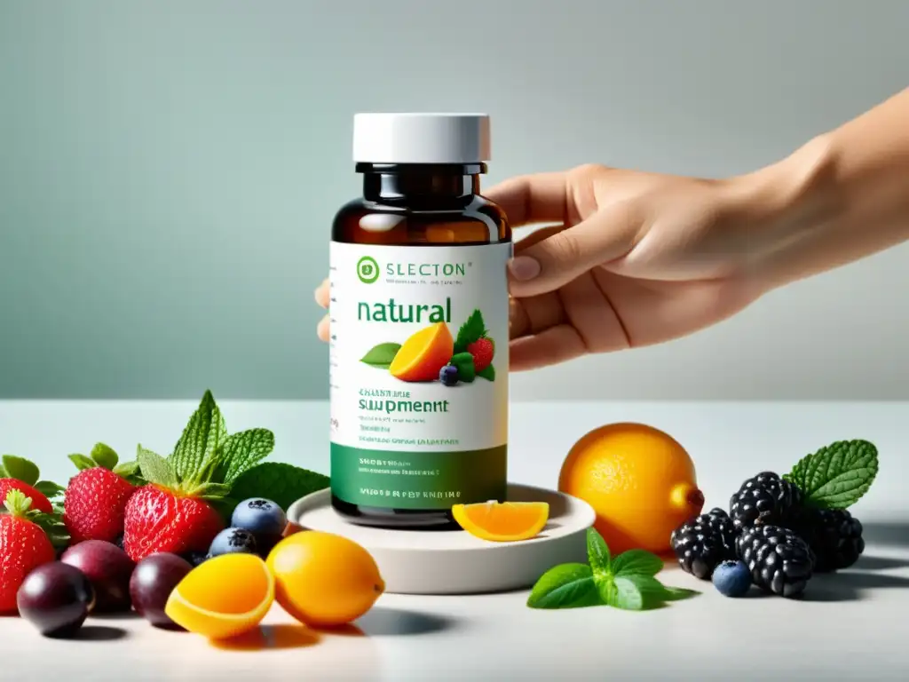 Una mano coloca suplementos naturales para fortalecer el sistema inmunológico junto a frutas y verduras frescas en un elegante mostrador blanco