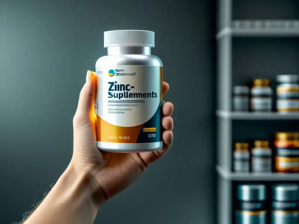 Mano sosteniendo suplementos de zinc para inmunidad, destacando calidad y profesionalismo en entorno moderno