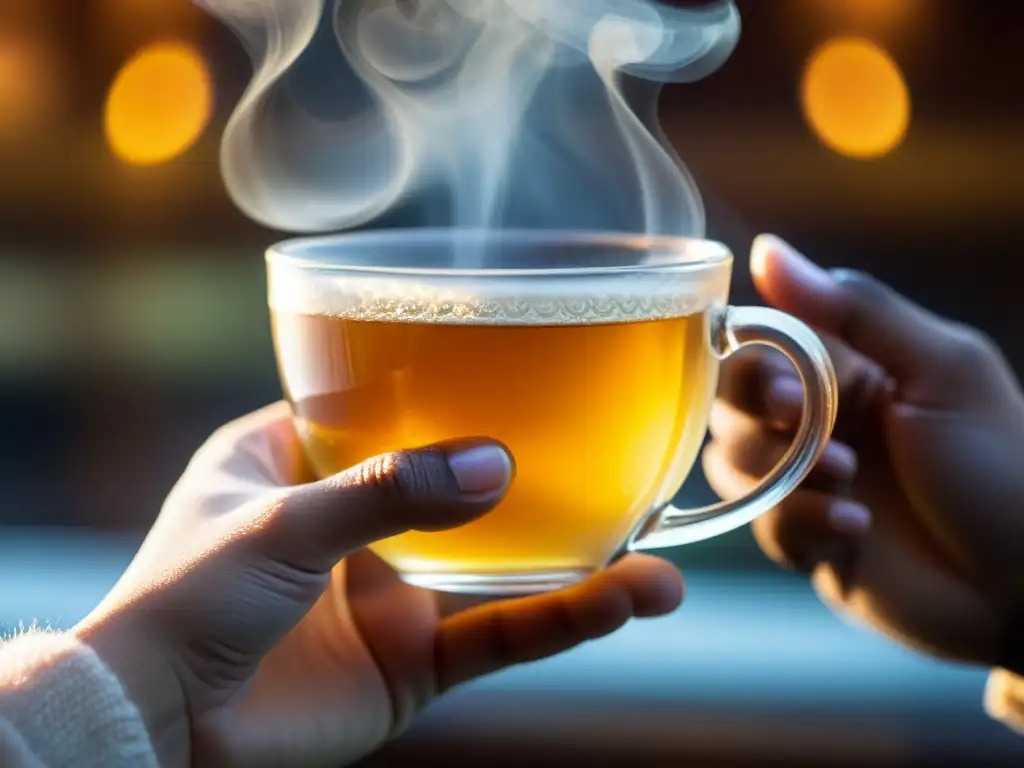 Una mano sostiene una taza de té de jengibre humeante con condensación, rodeada de un ambiente cálido y acogedor