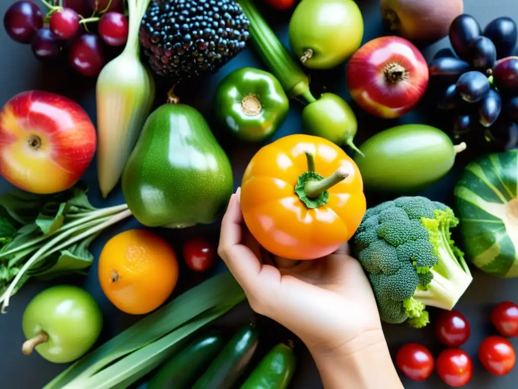 Una mano sostiene una variedad de frutas y verduras orgánicas vibrantes, resaltando su frescura y belleza natural