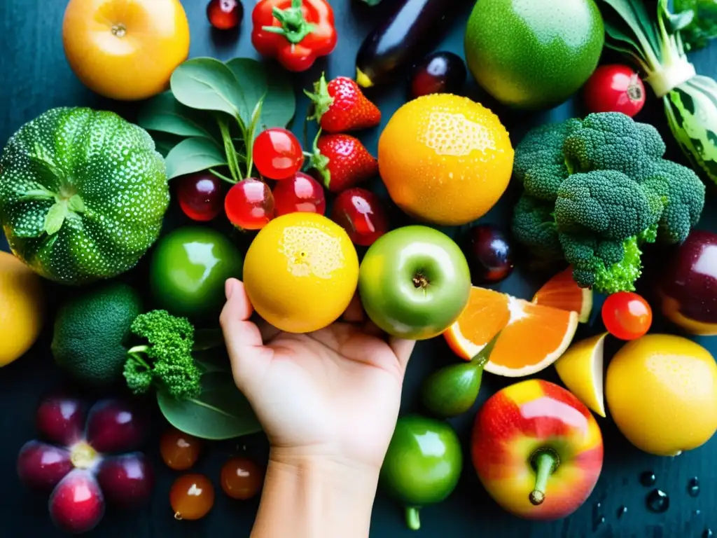 Una mano sostiene una variedad vibrante de frutas y verduras frescas, con gotas de agua brillando en sus superficies