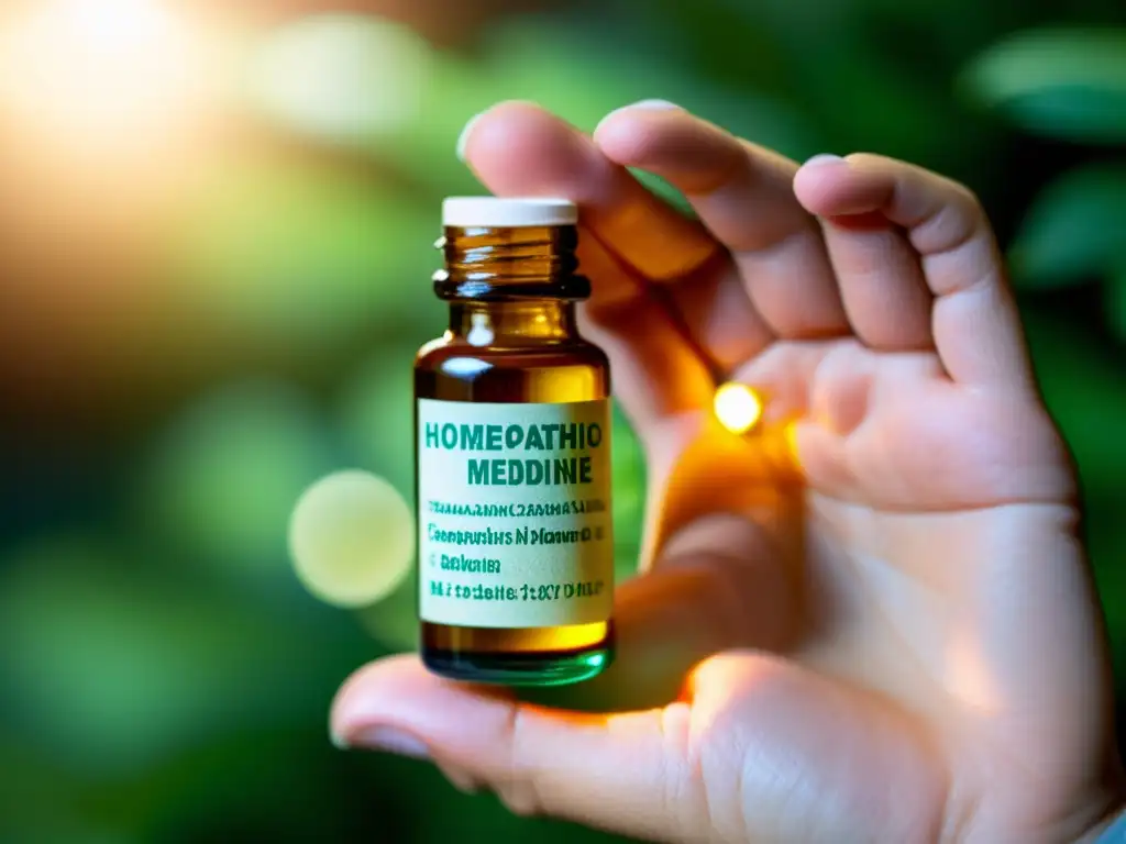 Mano sosteniendo vial de medicina homeopática, capturando la luz