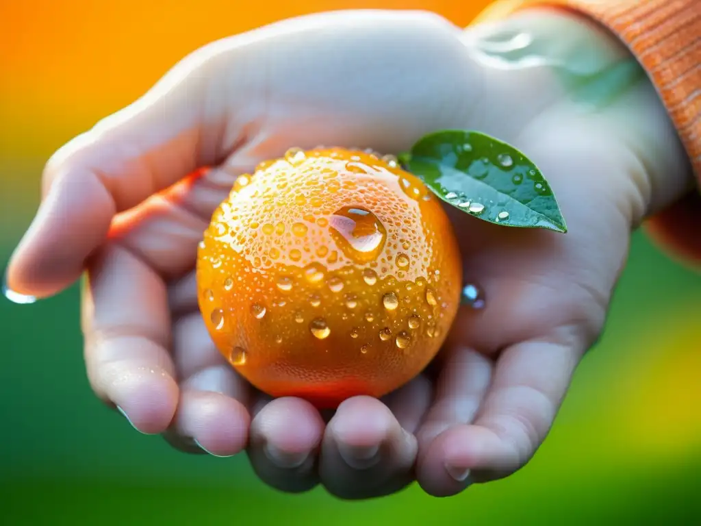 Mano sosteniendo una vibrante naranja con gotas de agua, detalle ultra-alto, textura y frescura