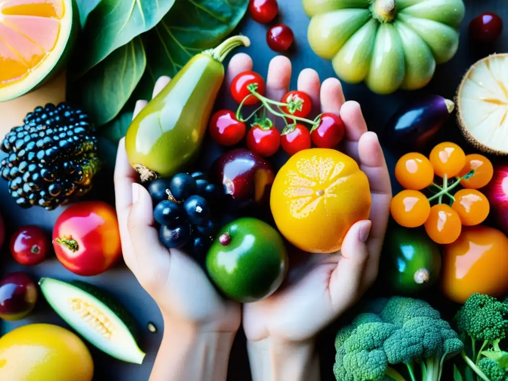 Manos cuidadosas sostienen frutas y verduras vibrantes, promoviendo el autocuidado para prevenir enfermedades inmunológicas