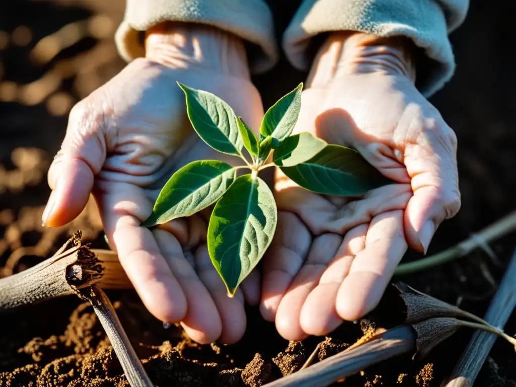 Manos envejecidas sostienen planta frágil