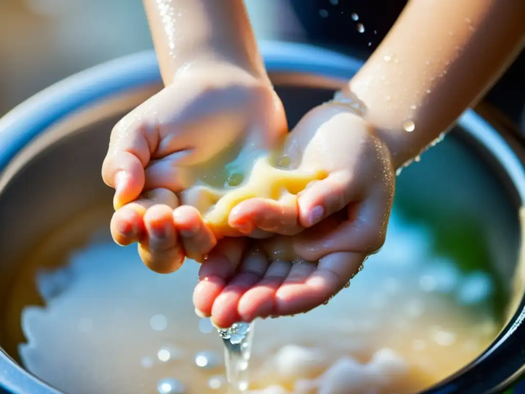 Las manos de un niño se lavan bajo el agua corriente, destacando la importancia de la higiene en niños y sistema inmunológico