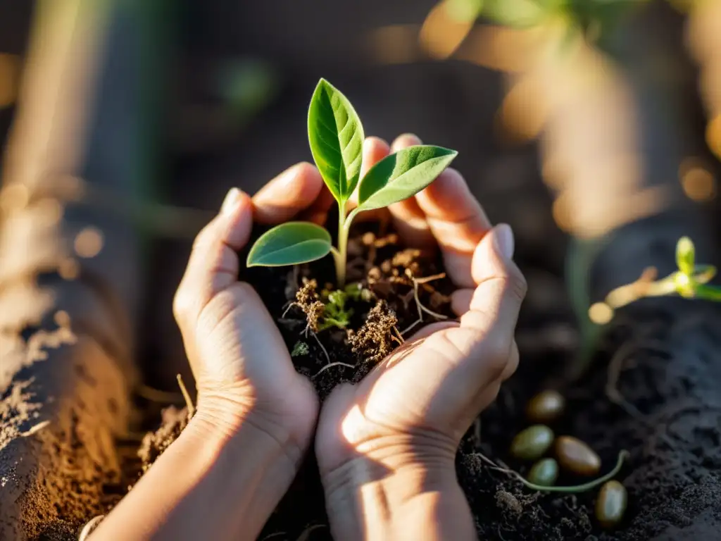 Manos resistentes cuidan planta frágil, simbolizando técnicas de resiliencia para pacientes crónicos