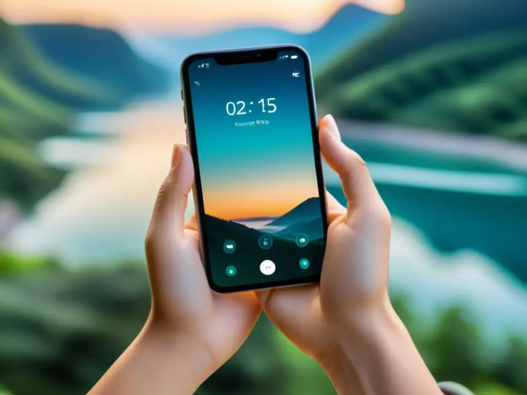 Unas manos sostienen un smartphone con una app para controlar crisis de ansiedad, transmitiendo calma y serenidad