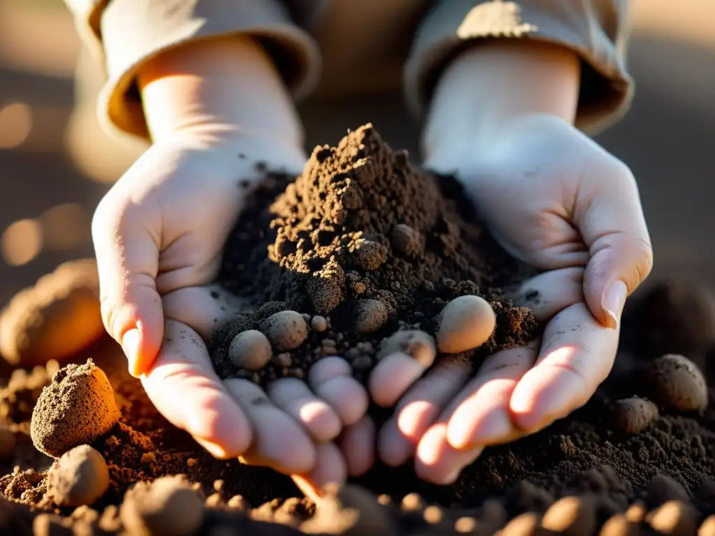 Manos de niño cubiertas de tierra bajo el sol, destacando la importancia de la higiene en niños y sistema inmunológico