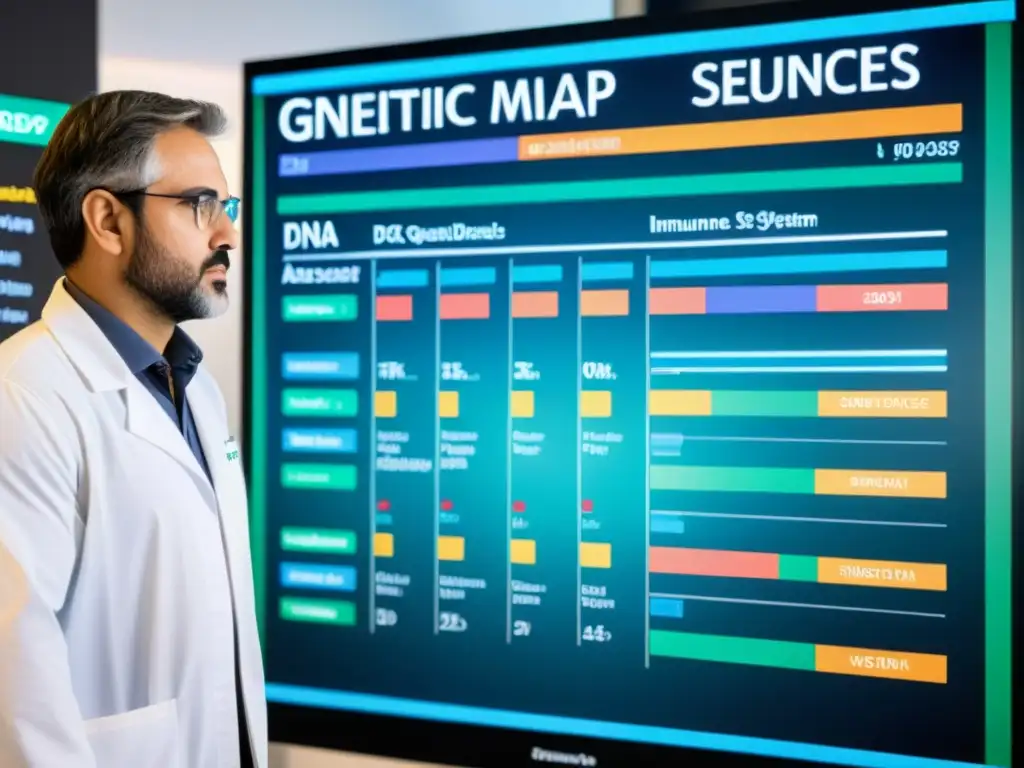 Mapa genético detallado de enfermedades hereditarias del sistema inmunológico, con marcadores y etiquetas coloridas que muestran variaciones genéticas y su impacto en el sistema inmunológico, rodeado de equipos científicos y investigadores