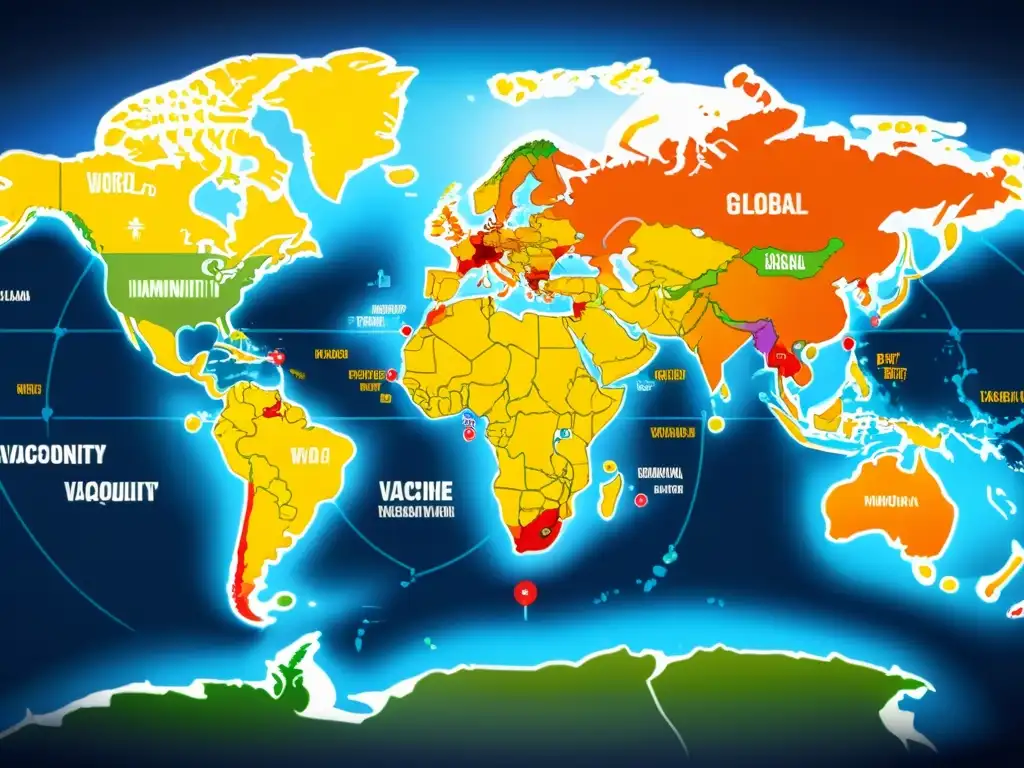 Mapa mundial detallado con desigual distribución de vacunas, destacando consecuencias de inequidad vacunación inmunidad global