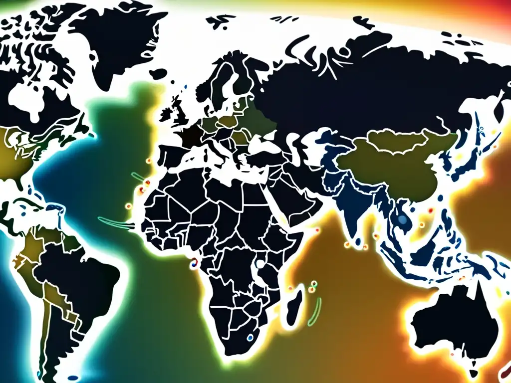 Mapa mundial detallado con rutas de distribución de vacunas, iluminado por una luz cálida que simboliza esperanza y progreso, destacando las consecuencias de la inequidad en la inmunidad global