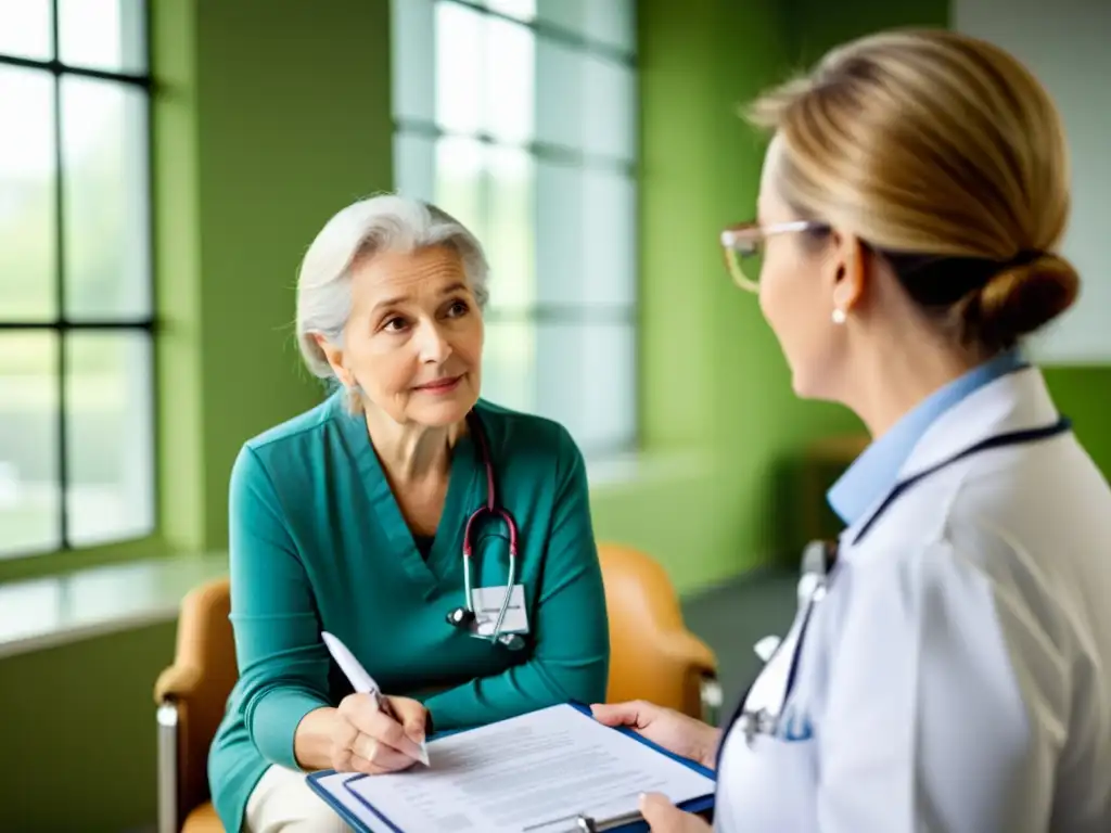 Un médico atento escucha a un anciano en una consulta moderna y luminosa, transmitiendo confianza y seguridad