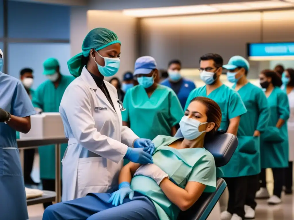 Un médico administrando vacunas en un centro de vacunación de emergencia, con personas ansiosas haciendo fila y trabajadores de la salud ocupados