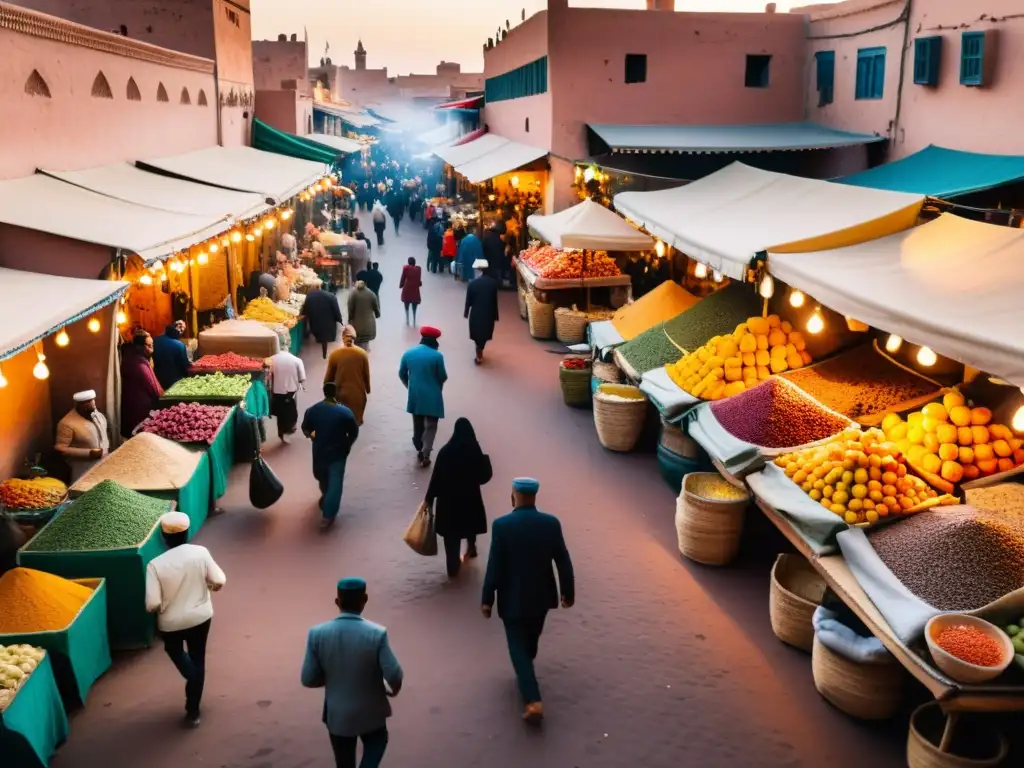 Un mercado bullicioso en Marrakech, Marruecos, con colores vibrantes, frutas exóticas y gente usando mascarillas