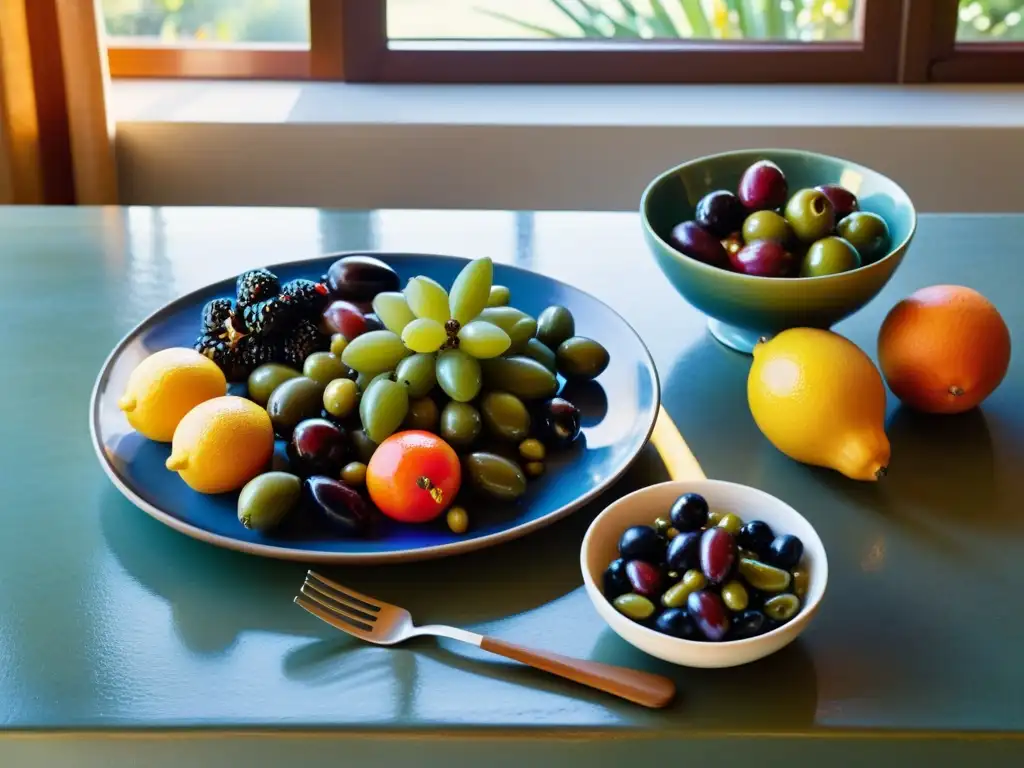 Una mesa mediterránea con abundante comida fresca, evocando la dieta mediterránea y su impacto en el sistema inmunológico