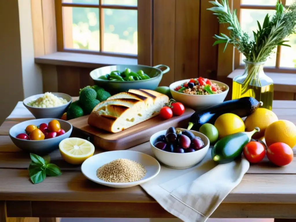 Una mesa rústica llena de alimentos frescos y coloridos, que reflejan la vitalidad y la riqueza de la Dieta Mediterránea sistema inmunológico