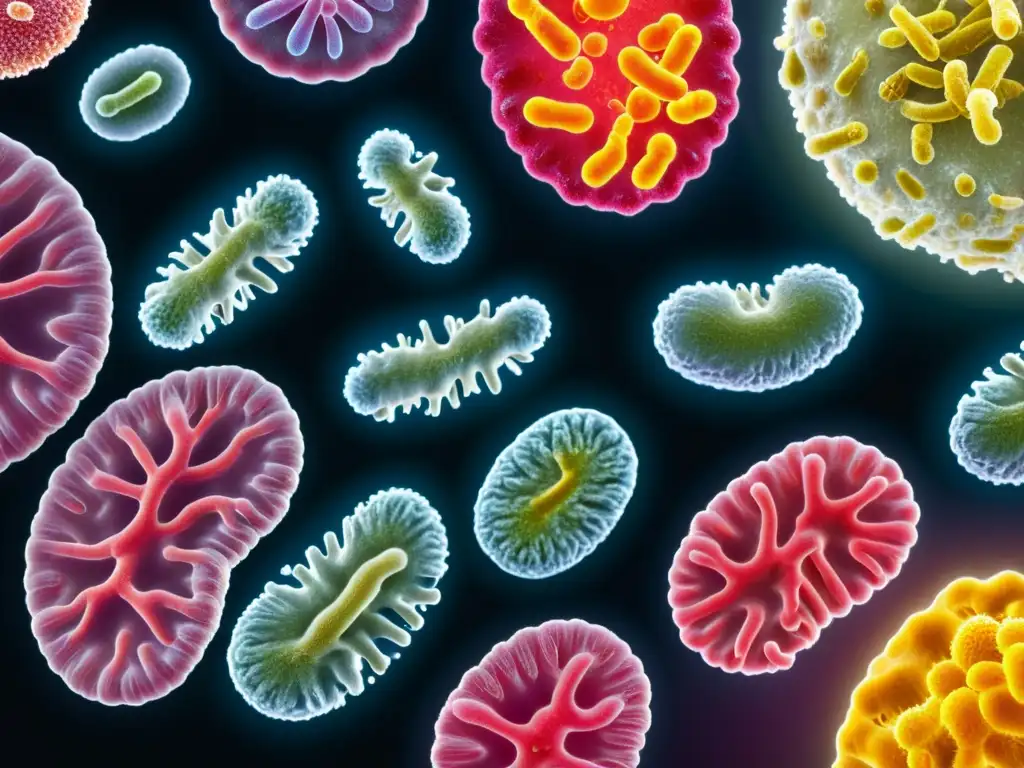 Microbiota probiótica en colores vivos bajo microscopio