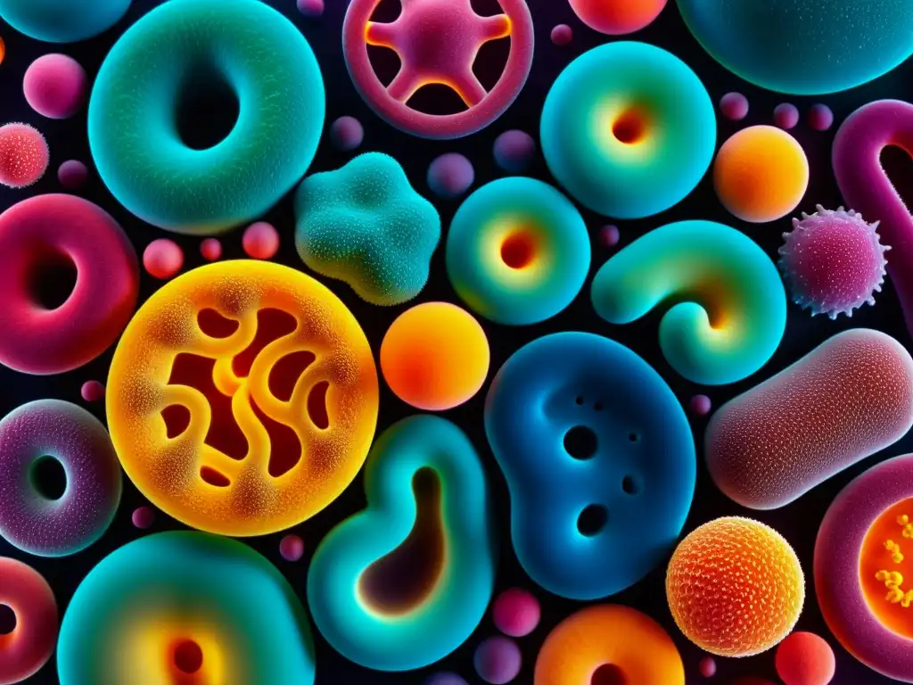 Un microcosmos vibrante y colorido de bacterias saludables, resaltando la importancia de la microbiota en inmunidad