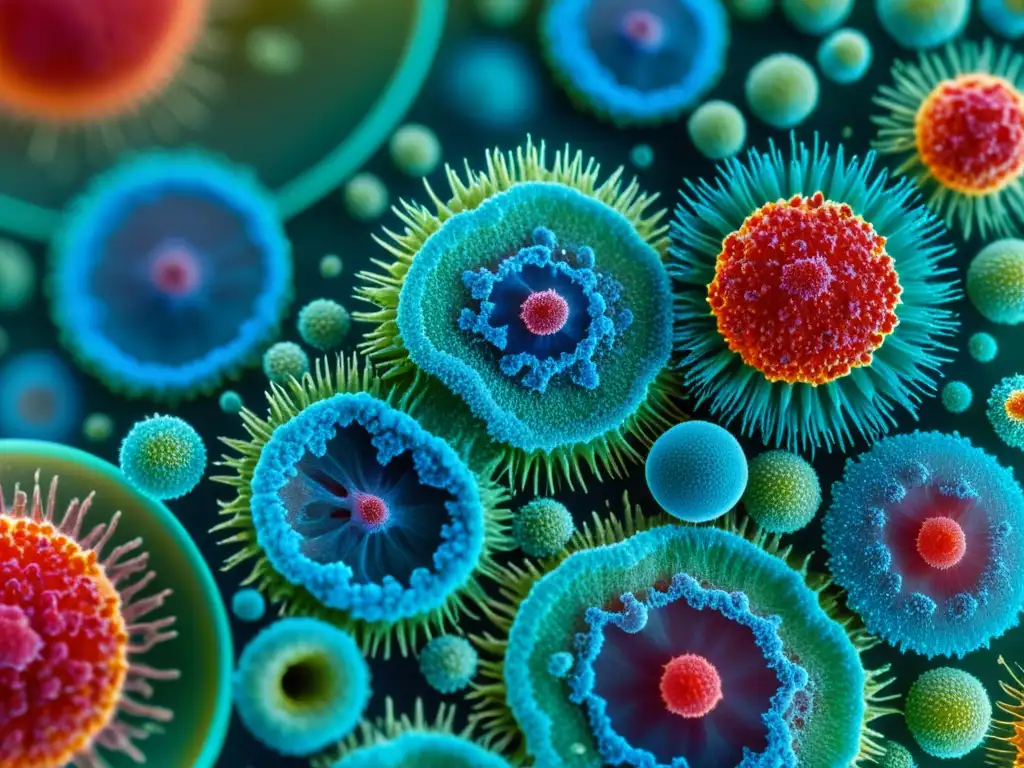 Microscopio muestra células inmunitarias atacando virus con colores vibrantes, reflejando avances recientes en vacunas inmunidad