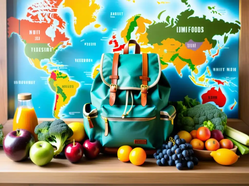 Una mochila de viajero llena de frutas, verduras y superalimentos coloridos, organizados sobre una mesa de madera con un mapa del mundo de fondo