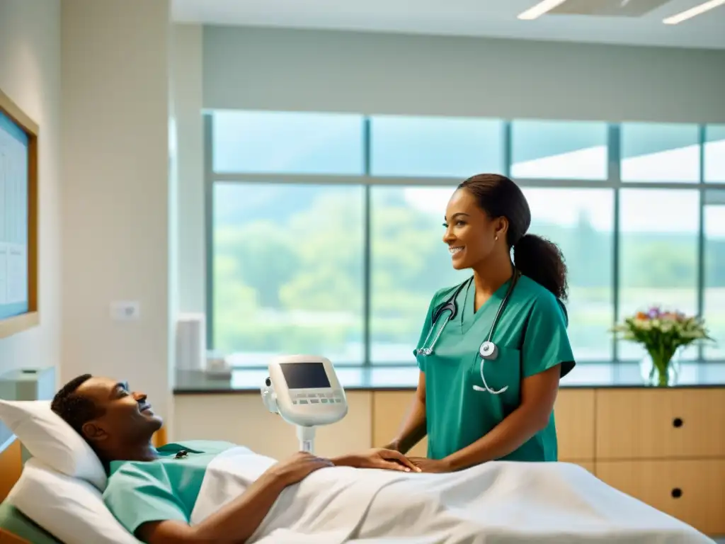 Moderna habitación de hospital con cama cómoda, luz natural, equipo médico avanzado y ambiente tranquilo