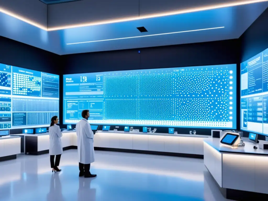 Lab moderno con científicos y tecnología ARNm vacunas historia, iluminación azul y blanca, innovación científica