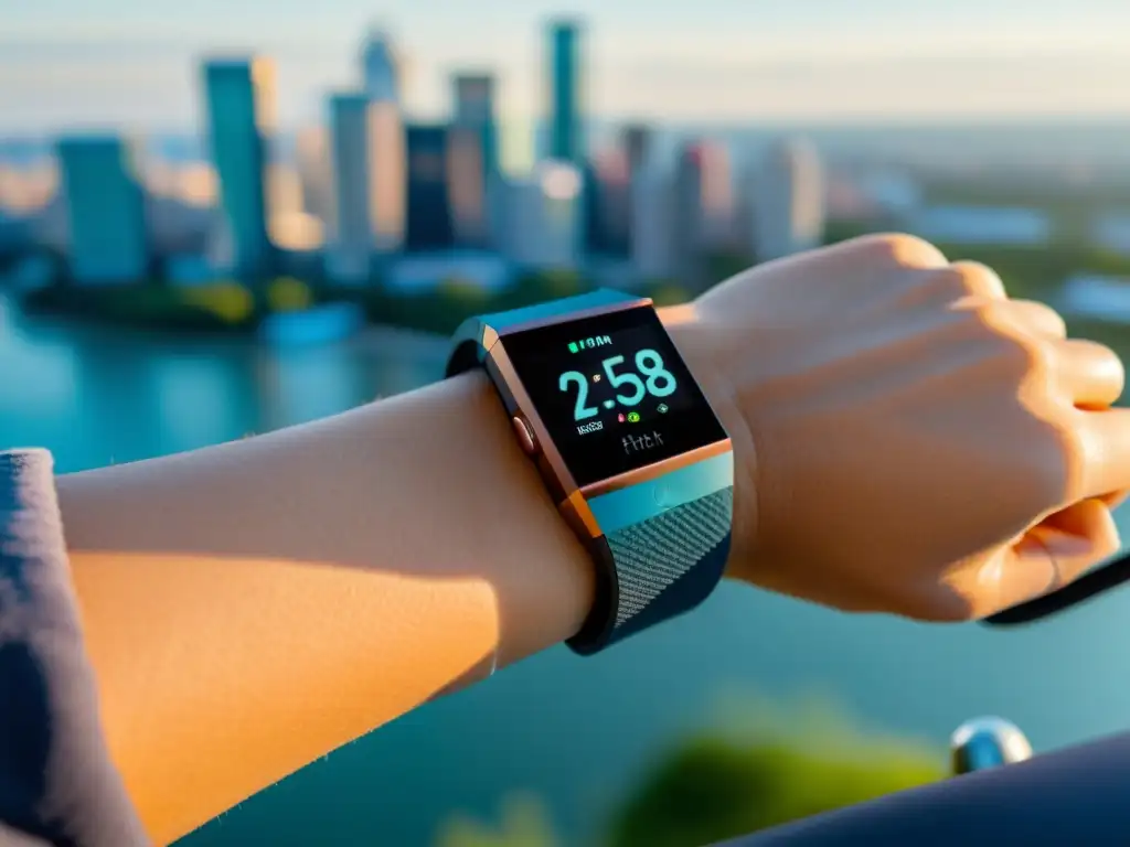 Fitbit Charge 4: Equilibrio Urbano y Bienestar Personal Un moderno Fitbit Charge 4 en la muñeca muestra datos de salud y actividad con la ciudad de fondo, equilibrando vida urbana y bienestar