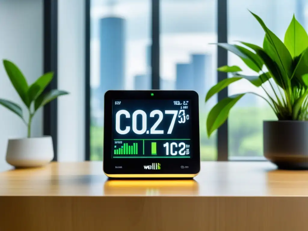 Un moderno monitor de CO2 en una oficina contemporánea, resalta la importancia de la prevención de enfermedades