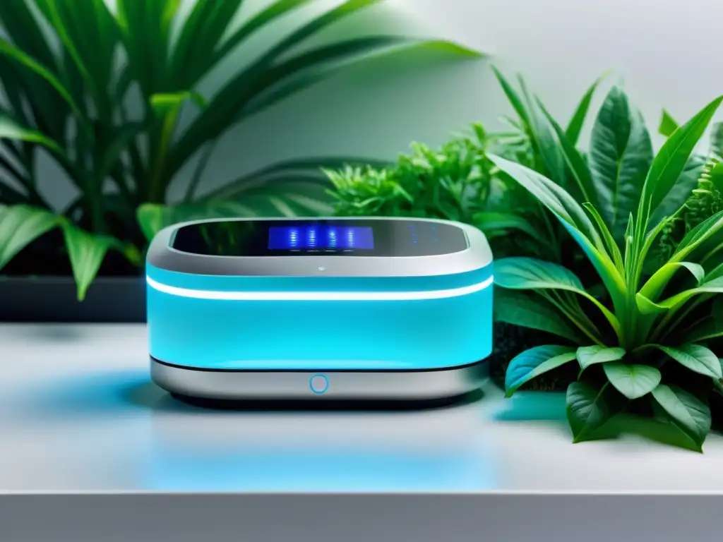 Un moderno sensor UV rodeado de plantas verdes, reflejando tecnología avanzada y protección UV para la piel contra el cáncer