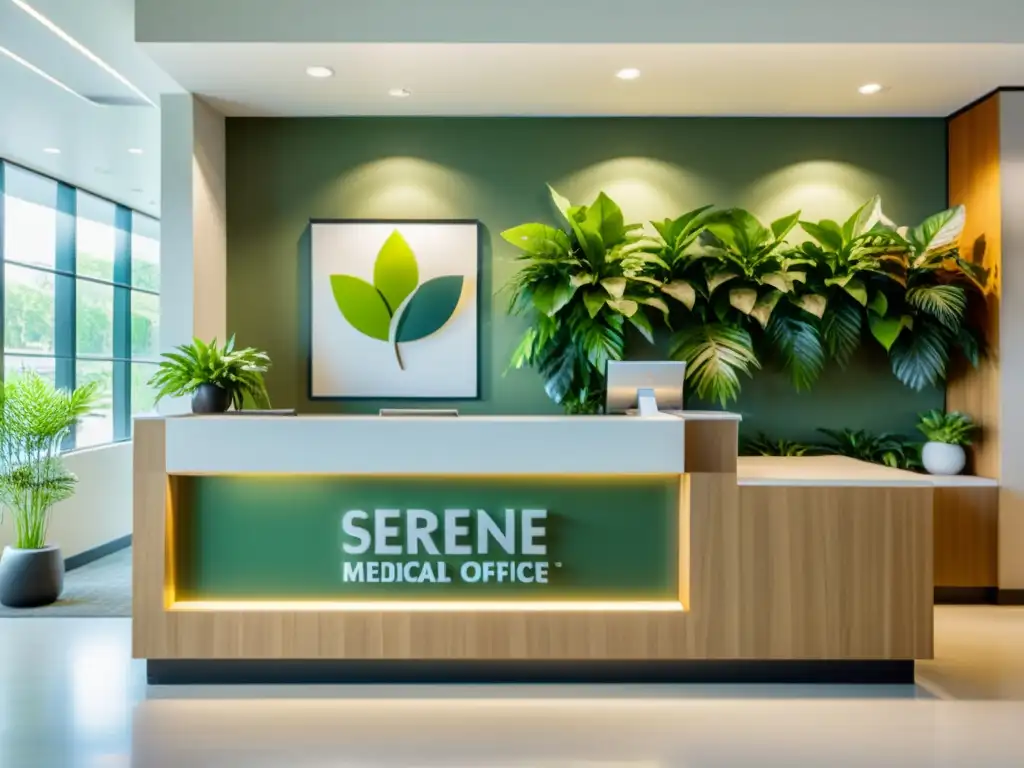 Un moderno y sereno vestíbulo de consulta médica con abundante luz natural, asientos cómodos y decoración minimalista y relajante