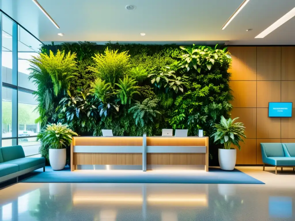 Moderno vestíbulo hospitalario con mobiliario minimalista, luz natural y muro de plantas vibrantes