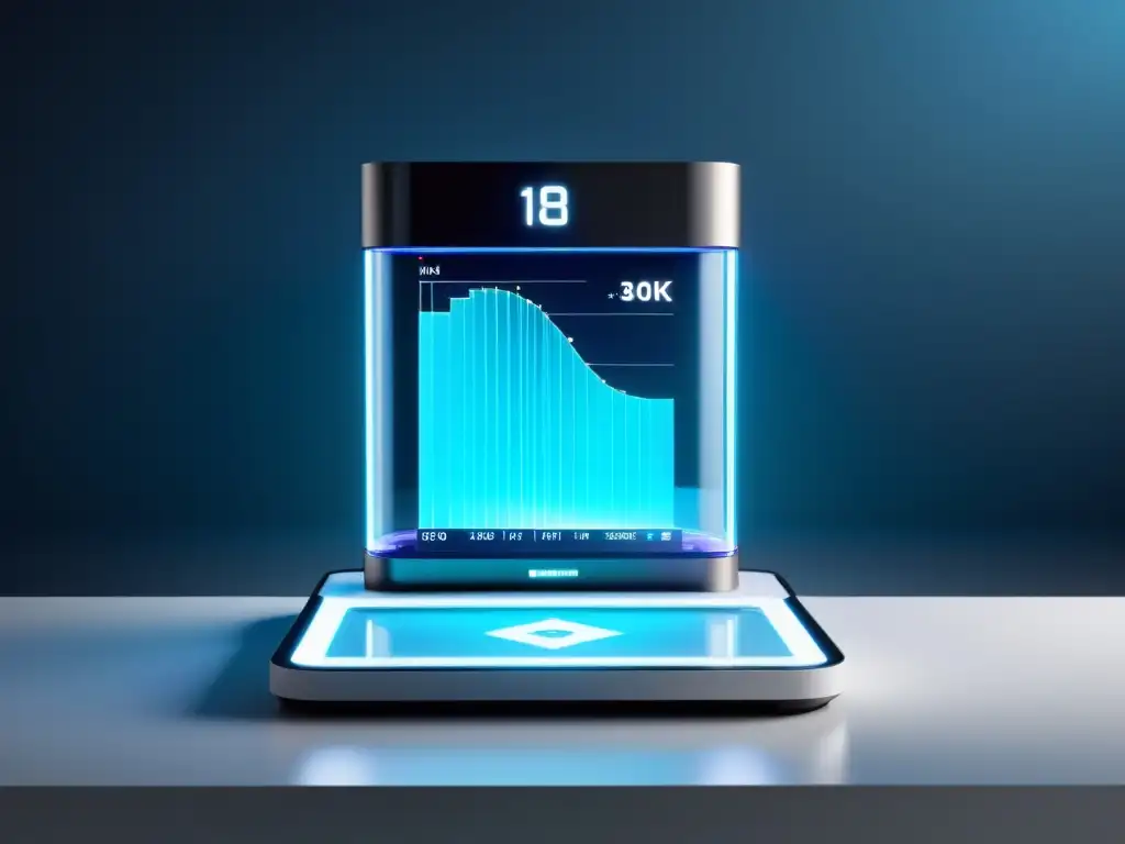 Un monitor de hidratación futurista en un entorno minimalista con gráficos científicos relacionados con el sistema inmunológico