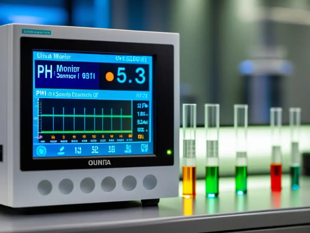 Un monitor de pH de diseño moderno en un laboratorio, resaltando la importancia del pH corporal en inmunidad