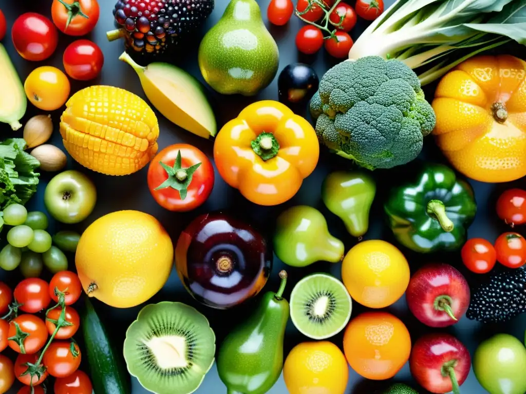 Un mosaico de frutas y verduras frescas y coloridas, con gotas de agua