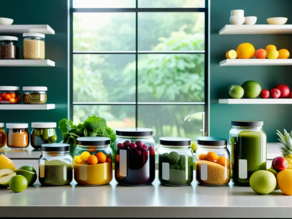 Un mostrador de cocina minimalista con frutas, verduras y suplementos para reforzar sistema inmunológico en envases transparentes