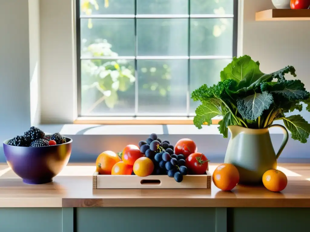 Un mostrador de cocina sereno y moderno con frutas y verduras coloridas, bañadas por una suave luz natural