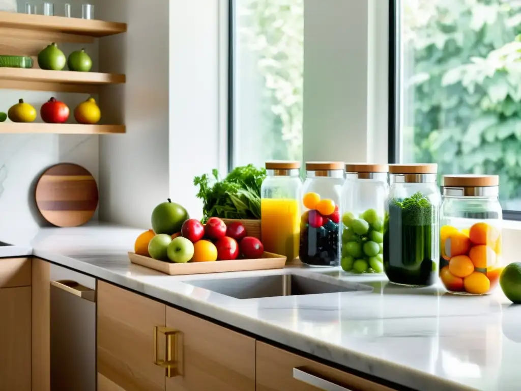 Un mostrador de cocina sereno y moderno lleno de frutas y verduras orgánicas coloridas, ordenadas en cestas de madera y frascos de vidrio