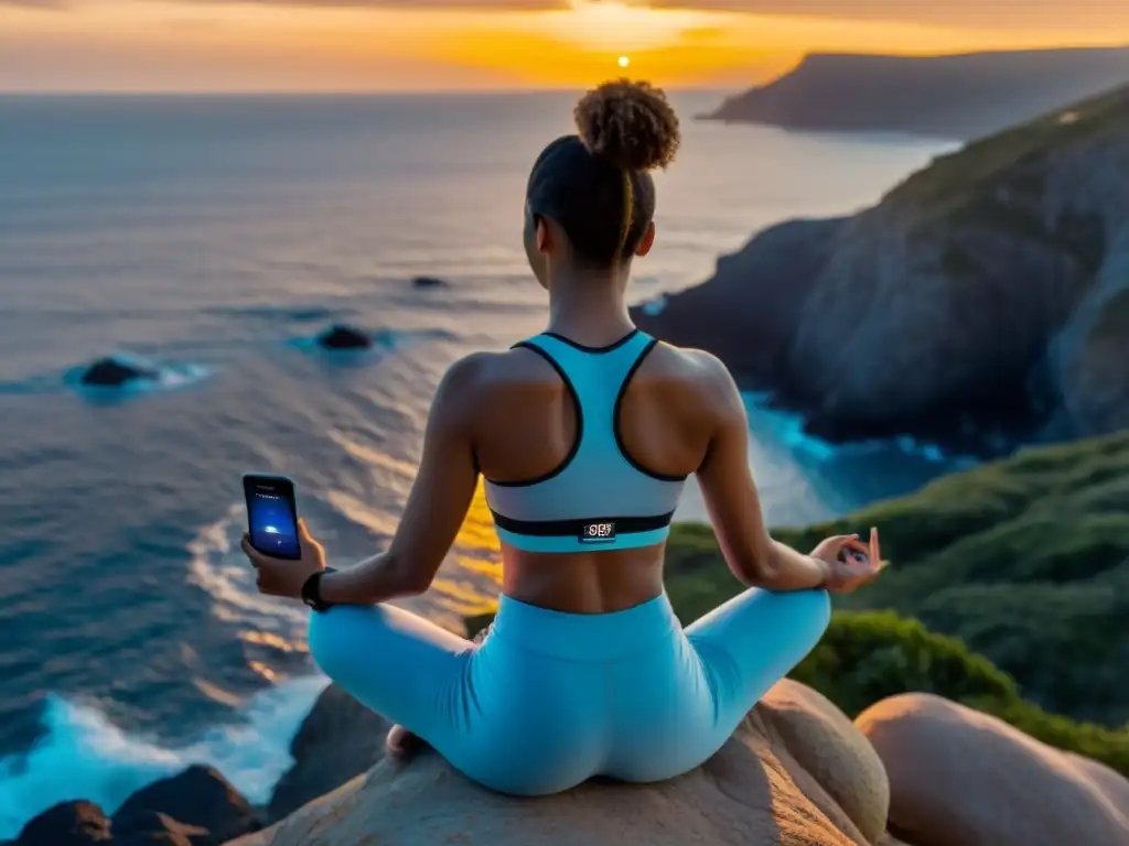 Una mujer medita en un acantilado al atardecer, con su smartphone mostrando apps de meditación y ejercicio físico