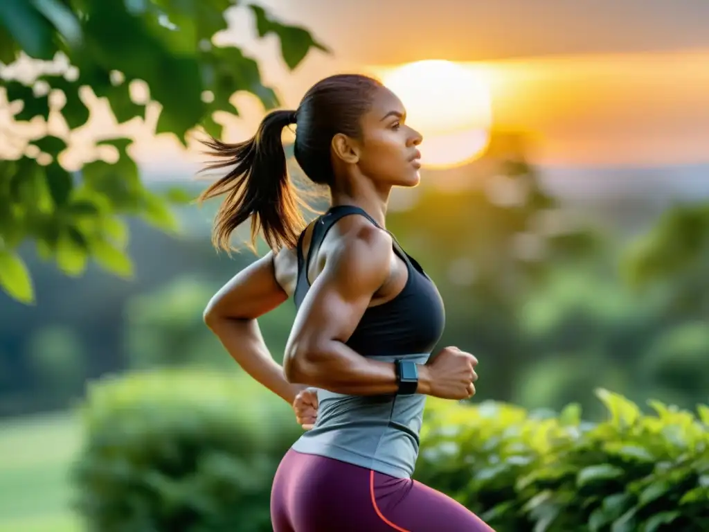 Una mujer entrenando HIIT al aire libre al atardecer, rodeada de vegetación exuberante, potenciando sistema inmunológico humano