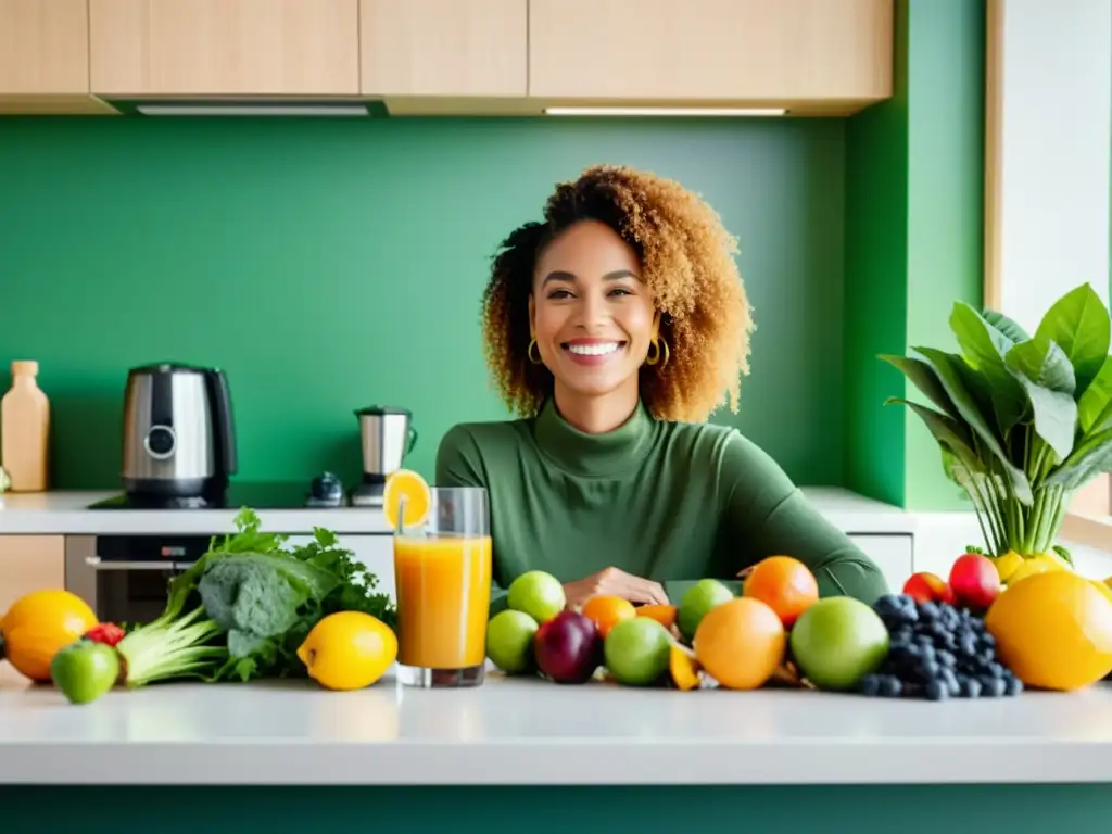 Una mujer sonríe mientras recibe asesoramiento nutricional para inmunidad, rodeada de alimentos frescos en una cocina minimalista y bien iluminada