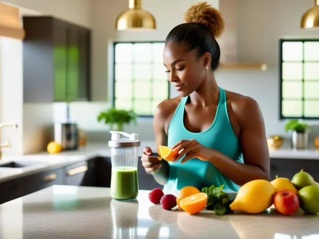 Una mujer prepara un batido con frutas frescas y suplementos, creando un ambiente tranquilo y saludable en una cocina moderna y bien iluminada