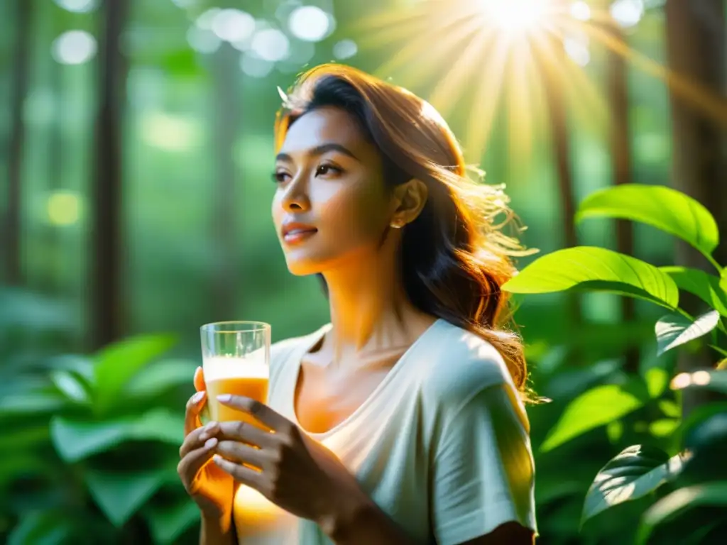 Una mujer en el bosque, con luz dorada en su piel, sosteniendo leche fortificada