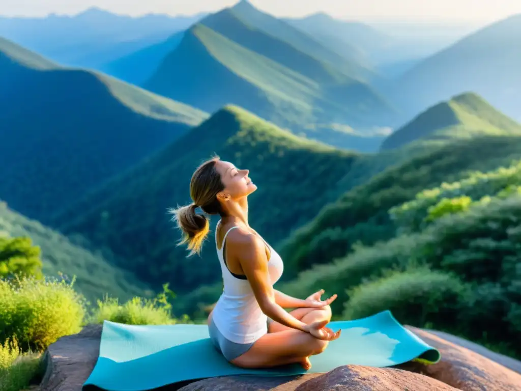 Una mujer practica yoga en la cima de una montaña iluminada por el sol, rodeada de exuberante vegetación y un cielo azul claro