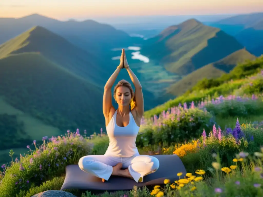 Una mujer practica yoga al amanecer en la cima de una montaña, rodeada de vegetación exuberante y flores silvestres