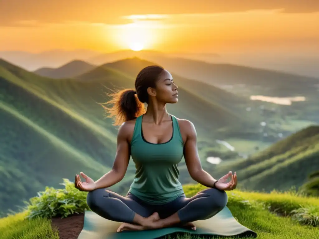 Una mujer practica yoga en la cima de una montaña verde exuberante, con el sol poniéndose al fondo y creando un cálido resplandor dorado