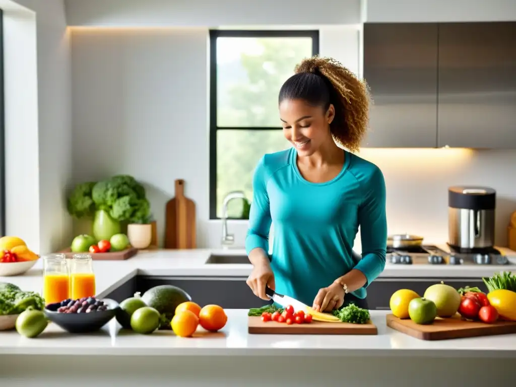 Una mujer prepara una comida saludable en una cocina moderna, rodeada de ingredientes frescos