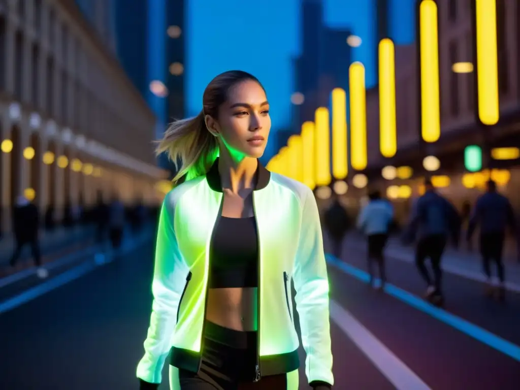 Una mujer confiada y vital usando una chaqueta inteligente con luces LED que cambian según su temperatura corporal y estado de salud