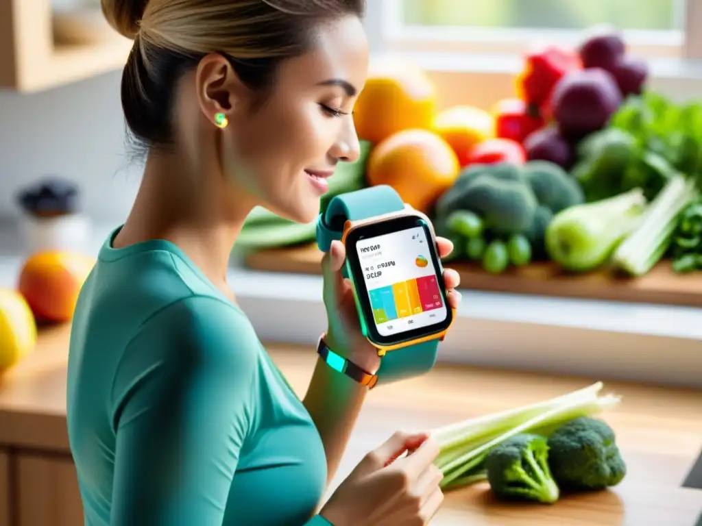 Una mujer usa un dispositivo wearable en la cocina, rastreando su dieta inmunológica con una app en su smartphone