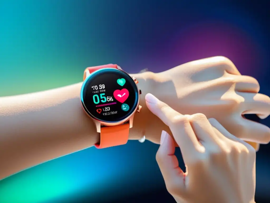 Una mujer usando un elegante smartwatch con pantalla OLED vibrante, monitoreando su salud